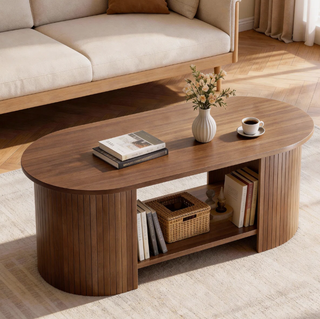 Easoger 42.5" Oval Coffee Table with 2-Tier Storage, Mid-Century Modern Center Table with Fluted Pedestal Base, Wooden Side Table for Living Room, Home Office,Walnut