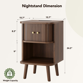 Easoger Set of 2 Fluted Walnut Nightstands with Charging Station, Mid-Century Modern Bedside Tables with Sliding Tambour Doors, Storage Cabinet & Open Shelf for Bedroom