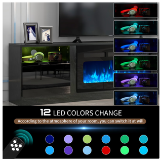 Easoger Fireplace TV Stand for TVs up to 90", 80" TV Stand with 36" Electric Fireplace, With 12 Color LED Lights Entertainment Center, Black