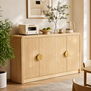 Easoger 55 Inch Fluted Buffet Sideboard Storage Cabinet, Oak Mid-Century Modern Credenza Console Table with Adjustable Shelves, Wavy Grain Doors, Anti-Tip for Dining Room, Living Room, Entryway