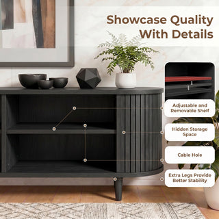 Easoger 70" Sliding Door TV Stand with Charging Station, Fluted Vertical Grille Wood Entertainment Center, Curved Oval Shape Storage Cabinet,Black