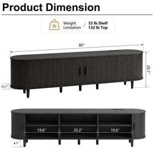 Easoger 80" Sliding Door TV Stand with Charging Station, Fluted Vertical Grille Wood Entertainment Center, Curved Oval Shape Storage Cabinet,Black