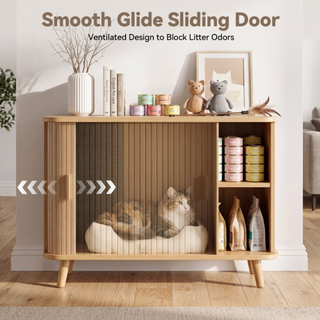 Easoger Cat Litter Cabinet Enclosure with Sliding Doors, Wooden Cat Furniture Cabinet with 2 Storage Shelves & Top Table, Kitty-Friendly Round Entry, Hide Messy,Oak