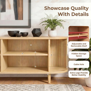 Easoger 70" Sliding Door TV Stand with Charging Station, Fluted Vertical Grille Wood Entertainment Center, Curved Oval Shape Storage Cabinet, Oak