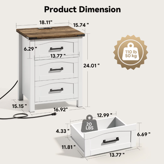 Easoger Set of 2 Farmhouse 3-Drawer Nightstands with Charging Station & USB-C, 18" Wide Rustic White Wood Bedside Table for Bedroom
