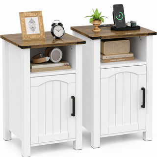 Easoger Set of 2 Farmhouse Nightstand with Charging Station, Modern End Tables with Drawer & Cabinet, USB & Type-C Ports, Wood Rustic Bedside Table for Bedroom, White + Walnut