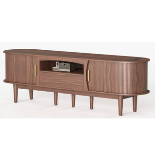 Easoger 86" Sliding Door TV Stand with Charging Station, Fluted Vertical Grille Wood Entertainment Center, Curved Oval Shape Storage Cabinet,Walnut