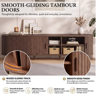 Easoger 70" Sliding Door TV Stand with Charging Station, Fluted Vertical Grille Wood Entertainment Center, Curved Oval Shape Storage Cabinet,Brown