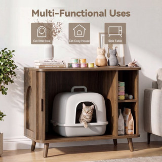 Cat Litter Box Enclosure with Sliding Doors, Wooden Cat Furniture Cabinet with 2 Storage Shelves & Top Table, Kitty-Friendly Round Entry, Hide Messy,Walnut