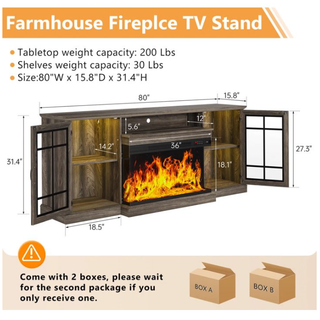 Easoger 80" Fireplace TV Stand with 3-Sided Glass Electric Fireplace, 12 Flame Colors + 12 LED Backlight Colors, Holds TV up to 88", Gray