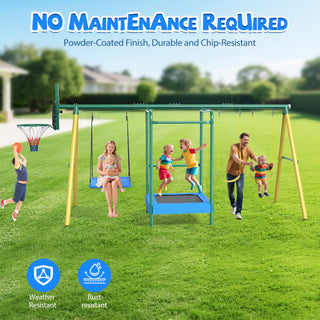 Metal Swing Sets for Backyard,Heavy-Duty Outdoor Kids Playsets for Playground,Outside Toys with Trampoline, Platform Swing, 2 Swings and Basketball Hoop for Aged 3-12