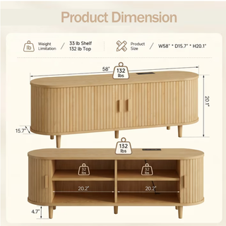 Easoger 58" Sliding Door TV Stand with Charging Station, Fluted Vertical Grille Wood Entertainment Center, Curved Oval Shape Storage Cabinet,Oak
