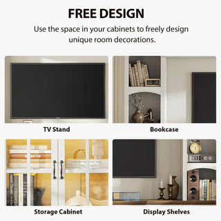 Easoger 98" Wall Unit Entertainment Center with 3-Sided Electric Fireplace, Farmhouse TV Stand for TVs Up to 70", Large Storage with Glass Doors & Shelves, White+Light Walnut