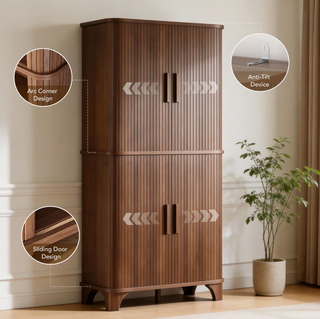 Easoger 69" Tall Kitchen Pantry Storage Cabinet with Sliding Door, Modern Curved Edge Pantry Cabinet with 5 Shelves for Dining Room, Walnut