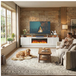 Easoger 70” Fireplace TV Stand, Entertainment Center for TVs up to 80", with 36'' Electric Fireplace, LED Lights Entertainment Center, TV Console, White