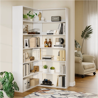 Easoger 35.2 inch 6-Tier Corner Bookshelf with Baffles, L-Shaped Tall Bookcase for Home Office, Space-Saving Storage Shelf with Anti-Tip Device for Bedroom Living Room, White