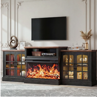 Easoger 97" TV Stand with Electric Fireplace, 3-Sided Glass Display Media Console for Over 100" TVs, Large Storage with Glass Doors & Shelves, LED Backlight, Walnut + Black Oak