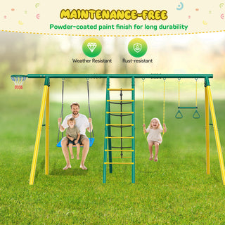 Metal Swing Sets for Backyard,Heavy-Duty Outdoor Kids Playsets for Playground,Outside Toys with 2 Swings,Trapeze Bar and Basketball Hoop for Aged 3-12