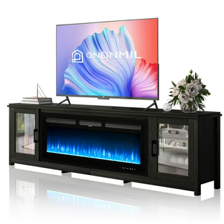 Easoger Fireplace TV Stand for TVs up to 90", 80" TV Stand with 50" Electric Fireplace, Entertainment Center with Glass Doors, Black