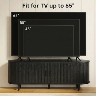 Easoger 58" Sliding Door TV Stand with Charging Station, Fluted Vertical Grille Wood Entertainment Center, Curved Oval Shape Storage Cabinet,Black