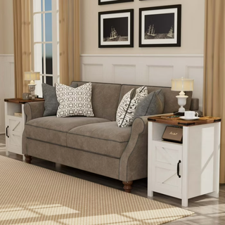 Easoger Nightstand with Charging Station 2-Piece Set, Farmhouse End Table with Barn Door &Storage Space for Livingroom and Bedroom, White
