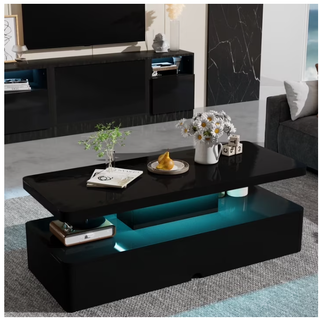 Easoger Modern Stylish Coffee Table with 16 Colors LED Lights, Double-Layer Design for Living Room, Black High Gloss Acrylic