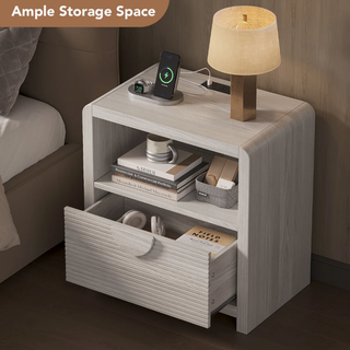 Easoger 1-Drawer Nightstand with Charging Station, Modern Wood Bedside Table with USB Ports & Outlets, Sturdy Slatted Design for Bedroom Living Room, Gray