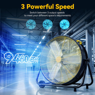 Osoeri 24 inch Industrial Drum Fan, 3 Speed 9460 CFM Heavy Duty Metal Cooling Floor Fan , 360° Tilt for Shop Outdoor, Patio, Warehouse, Commercial, Basement High Speed Fan