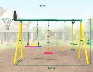 Metal Swing Sets for Backyard,Heavy-Duty Outdoor Kids Playsets for Playground,Outside Toys with Saucer Swing, Glider, Rope Swing, and Basketball Hoop for Aged 3-12