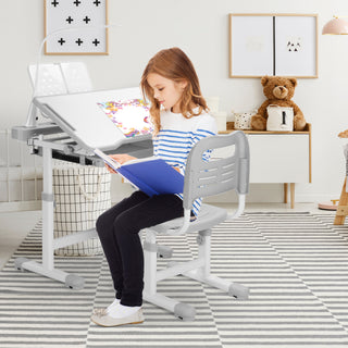 Kids Desk and Chair Set Height Adjustable School Study Desk and Chair with 55° Tiltable Desktop, 3 Modes&3 Brightness LED Lamps, Storage Drawer and Metal Hook for Boys Girls, Grey