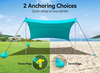 vibemo Beach Tent, Camping Sun Shelter 10 x 10ft, with 4 Sandbags, UPF50+, Includes Sand Shovel, Ground Pegs & Stability Poles, Pop Up Beach Canopy Sunshade for Fishing, Backyard Fun or Picnics