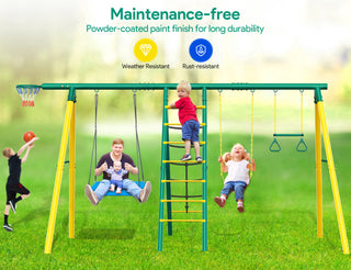 Metal Swing Sets for Backyard,Heavy-Duty Outdoor Kids Playsets for Playground,Outside Toys with 2 Swings,Trapeze Bar and Basketball Hoop for Aged 3-12