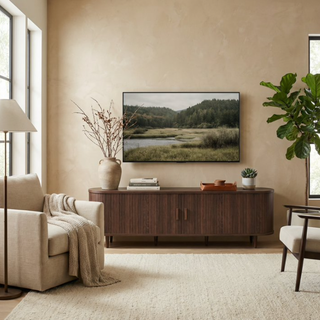 Easoger 70" Sliding Door TV Stand with Charging Station, Fluted Vertical Grille Wood Entertainment Center, Curved Oval Shape Storage Cabinet,Brown