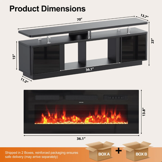 Easoger 70" 2-Tier TV Stand with 36" Electric Fireplace, Modern Entertainment Center with LED Lights & Acrylic Legs, Media Console for TVs up to 80" for Living Room,Black