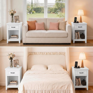Easoger Farmhouse Nightstand Set of 2 with Charging Station & Large Storage, End Tables with Outlets & USB Ports for Bedroom, White