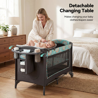 EVMORE Foldable Baby Bedside Bassinet, 5-in-1 Baby Bed Playard with Changing Table, Storage Shelf, Music for Newborn Toddlers, 0-36 Months