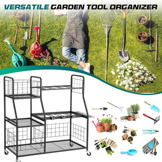 3 - Tier Garden Tool Organizer with Wheels and Extra Storage Basket - Ideal for Shed, Garage, Garden, Yard, and Lawn