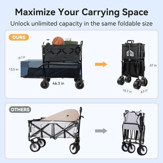 Vibemo Wagon Cart, 400L Foldable Double Decker Wagon, 450lbs Heavy Duty Garden Cart, 47'' Extra-Long Extender, Large Capacity, All Terrain Big Wheels Collapsible Wagon for Camping, Sports, Shopping