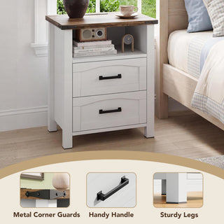 Easoger Farmhouse Nightstand with Charging Station, 18" Wide Rustic End Table with USB/Type-C Ports & 2 Drawers for Bedroom, White+Walnut