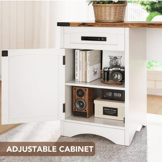 Easoger 67" L-Shaped Desk with Charging Station & Storage, Farmhouse Executive Office Desk with 4 Drawers & Locking File Cabinet, USB/Type-C Ports, White & Brown