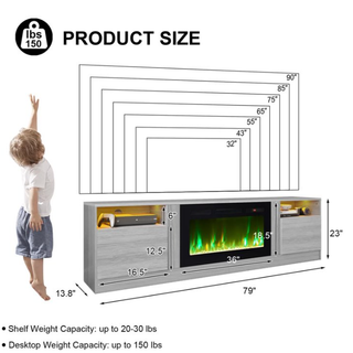 Easoger 80” Fireplace TV Stand for TVs up to 90", TV Stand with 36'' Electric Fireplace, LED Lights Entertainment Center, TV Console, Gray