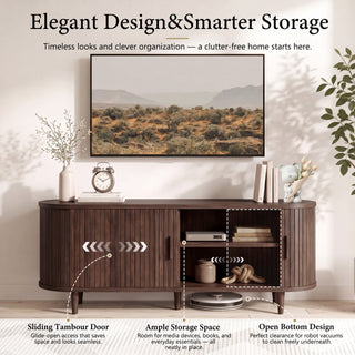 Easoger 58" Sliding Door TV Stand with Charging Station, Fluted Vertical Grille Wood Entertainment Center, Curved Oval Shape Storage Cabinet,Brown