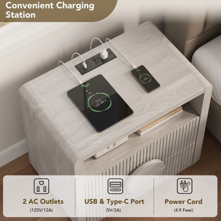 Easoger Set of 2 Nightstand with Charging Station, 23" H 2-Drawer Side Table with USB & Type-C Ports, Slatted Wood End Table for Bedroom Living Room Office, Gray