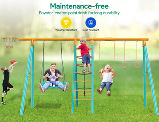 Swing Sets for Outdoor, 6 in 1 Heavy-Duty Metal Swing Sets, Kids Swing Sets for Backyard with with 2 Swings,Trapeze Bar and Basketball Hoop for Aged 3-12