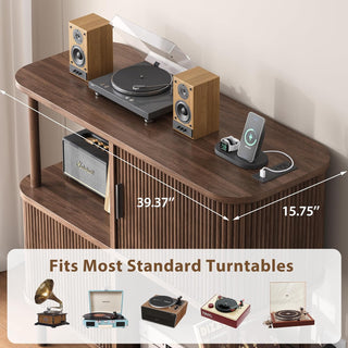 Easoger 40" Record Player Stand with Charging Station, Mid Century Modern Turntable Cabinet with Sliding Doors, Large Vinyl Storage Rack for Living Room Music Corner,Walnut