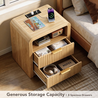 Easoger Set of 2 Fluted Nightstand with Charging Station, 19.7" Wide Bedside Table with USB & Type-C Ports, 2 Drawers & Open Shelf, Curved Oak End Table for Bedroom