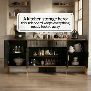 Easoger 60" Sideboard Buffet Cabinet with Gold Accents, Modern Fluted Storage Cabinet for Living Room Dining Room, Adjustable Shelves,Black