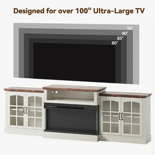 Easoger 97" TV Stand with Electric Fireplace, 3-Sided Glass Display Media Console for Over 100" TVs, Large Storage with Glass Doors & Shelves, LED Backlight, White + Light Walnut