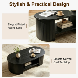 Easoger 47" Oval Coffee Table with 2-Tier Storage, Mid-Century Modern Center Table with Fluted Pedestal Base, Wooden Side Table for Living Room, Home Office