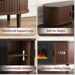 Easoger 70" Fluted Fireplace TV Stand, Mid Century Modern Entertainment Center with 36" Electric Fireplace for TVs up to 75", Media Console with Sliding Doors & Solid Wood Legs for Living Room.Walnut